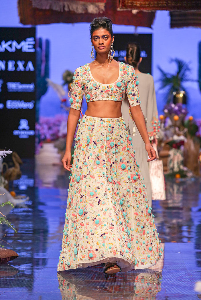 Naira Chalk White Georgette Choli and Lehenga