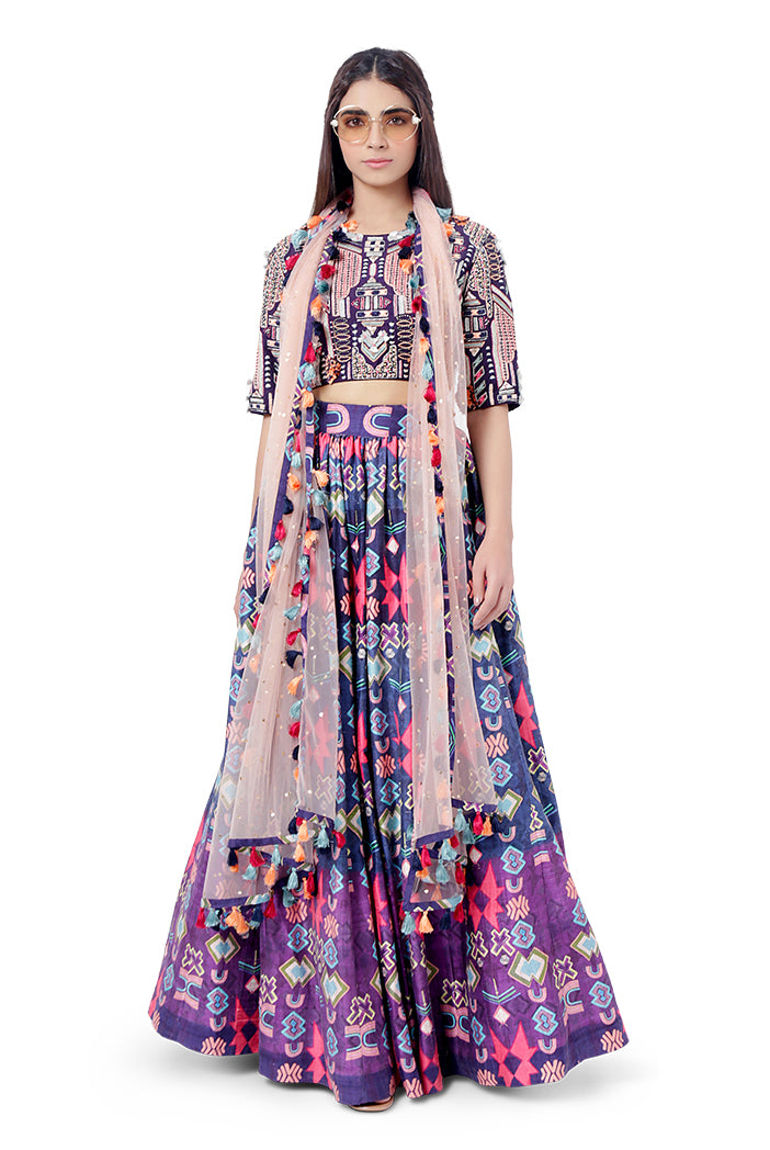 Najya Purple Colour Dupion Silk Embroidered Choli with Printed Lehenga and Dot Mukaish Net Dupatta