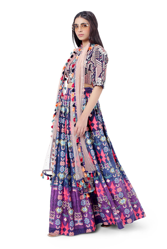 Najya Purple Colour Dupion Silk Embroidered Choli with Printed Lehenga and Dot Mukaish Net Dupatta