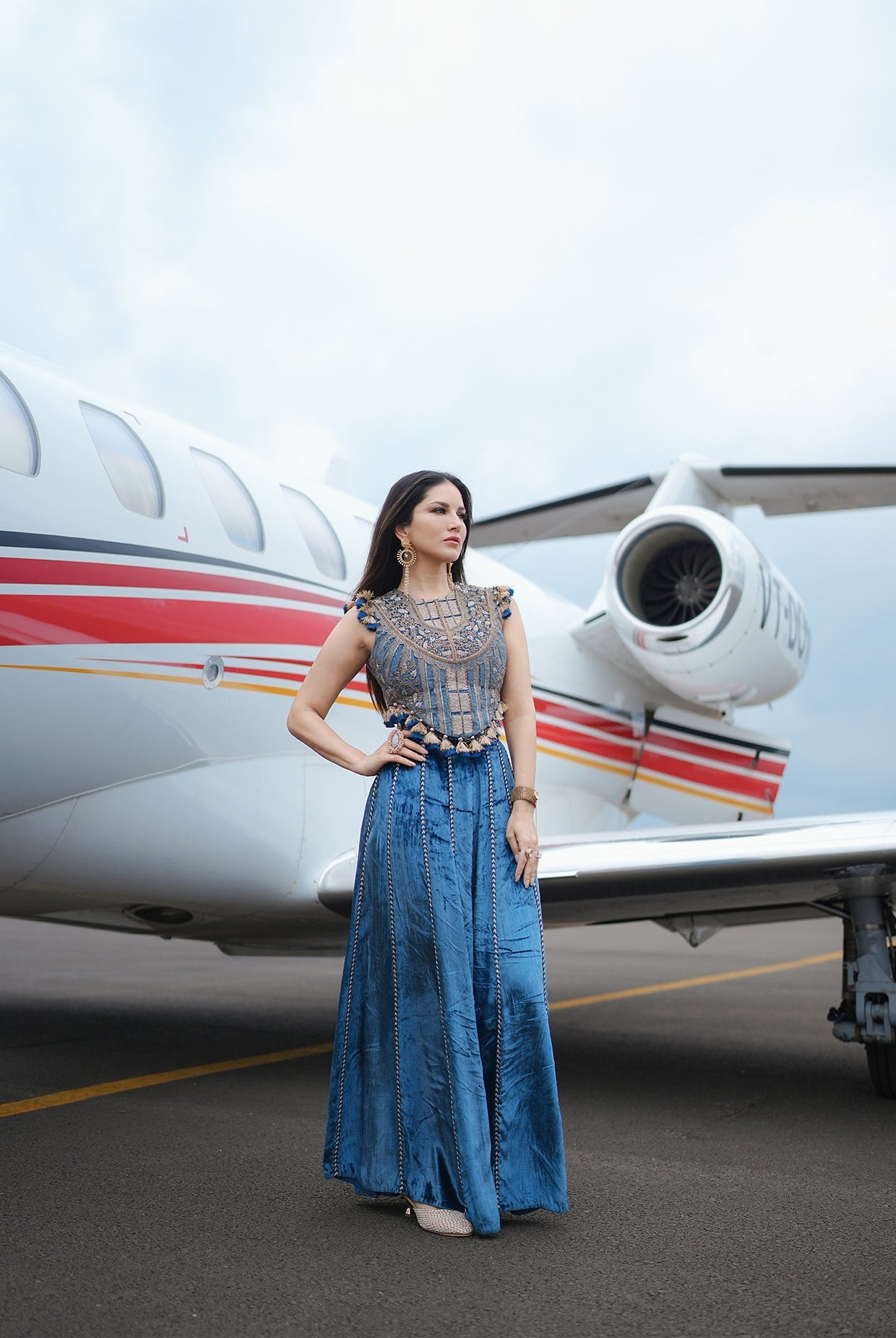 NAVY BLUE VELEVET EMBROIDERED CHOLI WITH SHARARA