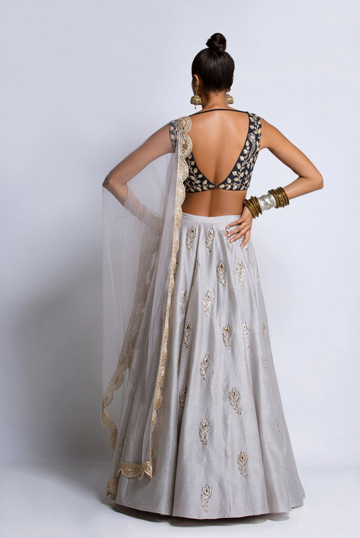 Navy Dupion Silk Choli with Grey Silkmul Laehenga and Net Dupatta