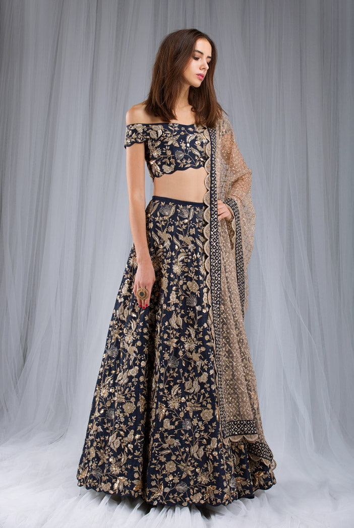 Navy Dupion Silk Off Shoulder Choli and Lehenga with Blush Net  Dupatta