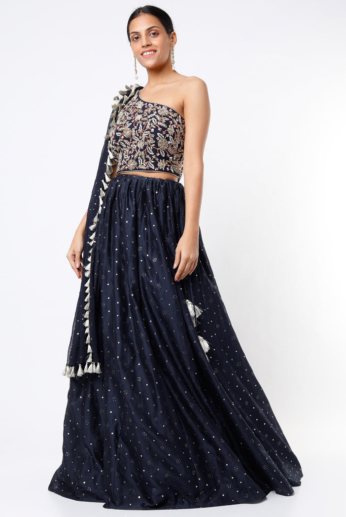 Navy Embroidered One Shoulder Choli With Attached Mukaish Georgette Dupatta And Mukaish Silkmul Lehenga