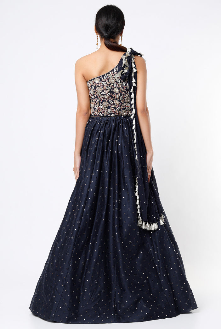 Navy Embroidered One Shoulder Choli With Attached Mukaish Georgette Dupatta And Mukaish Silkmul Lehenga