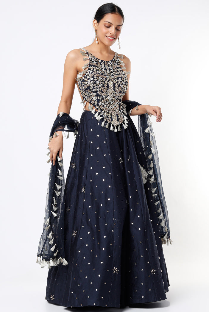 Navy Georgette Embroidered Choli With Mukaish Silkmul Lehenga And Mukaish Net Dupatta