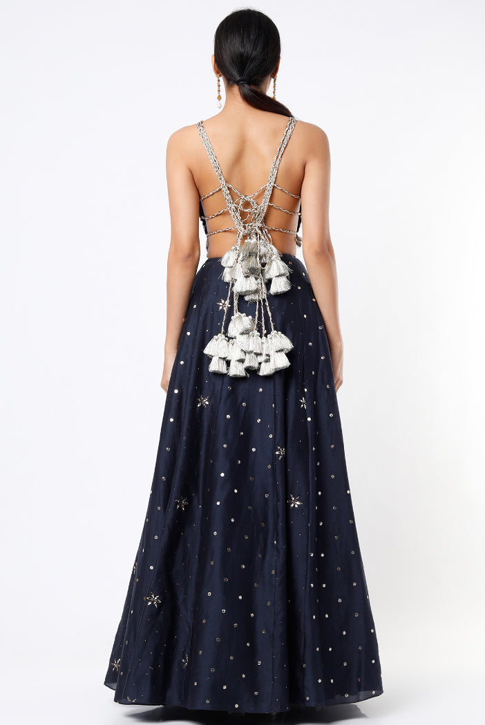 Navy Georgette Embroidered Choli With Mukaish Silkmul Lehenga And Mukaish Net Dupatta