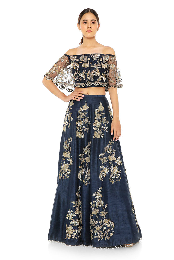 Navy Net Off Shoulder Ruffle Top with Navy Dupion Silk Lehenga