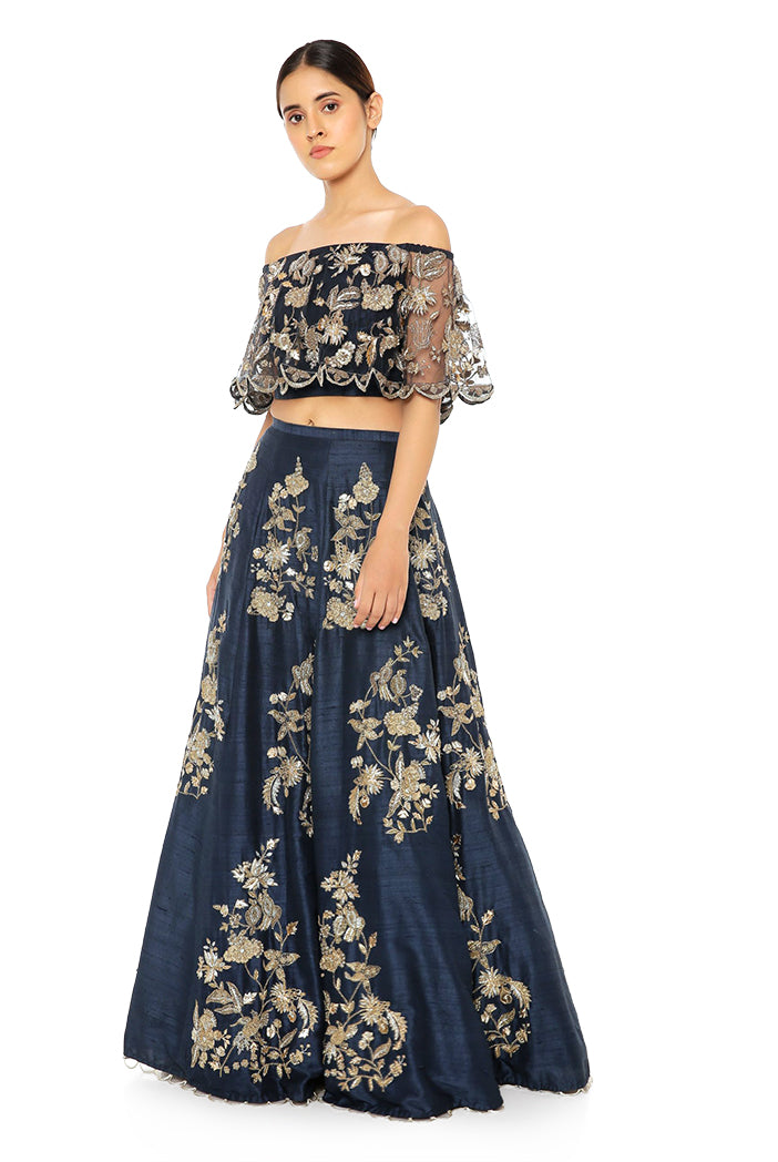 Navy Net Off Shoulder Ruffle Top with Navy Dupion Silk Lehenga