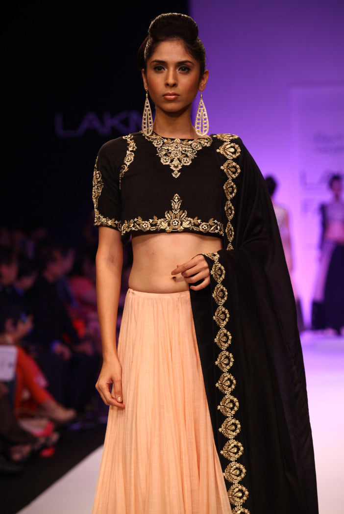 Nazia Black Silkmul Choli with Blush Silkmul Lehenga and Dupatta