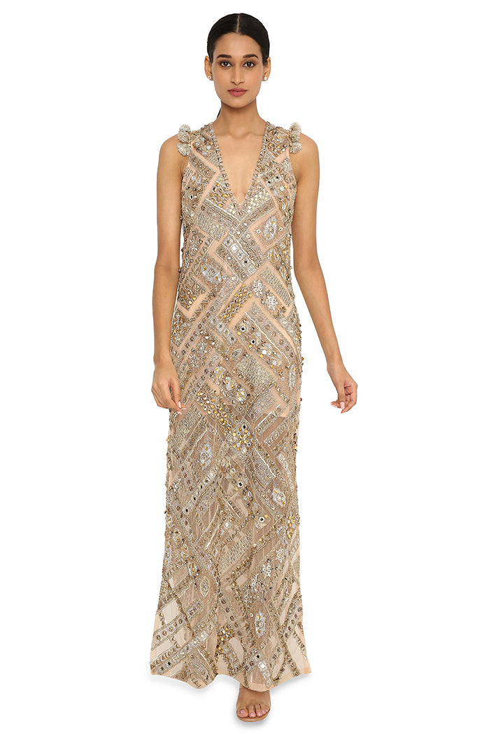Nubia Beige Net Embroidered Gown