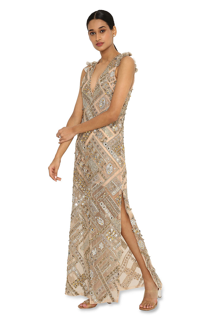 Nubia Beige Net Embroidered Gown