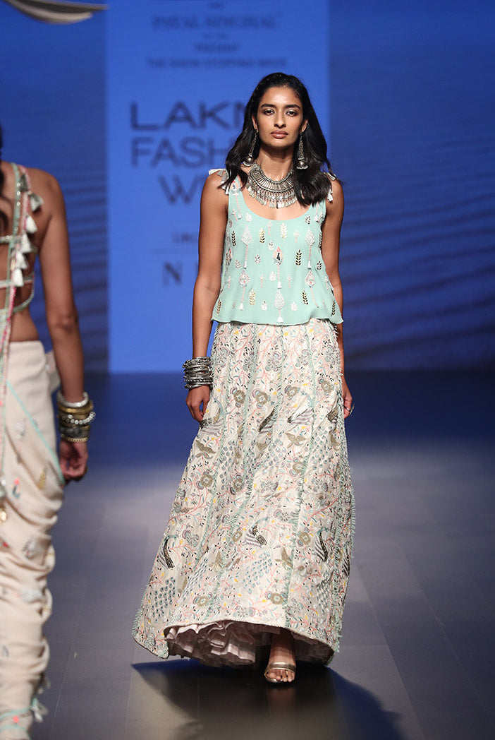 Nuran Aqua Georgette top with Stone Silk Lehenga