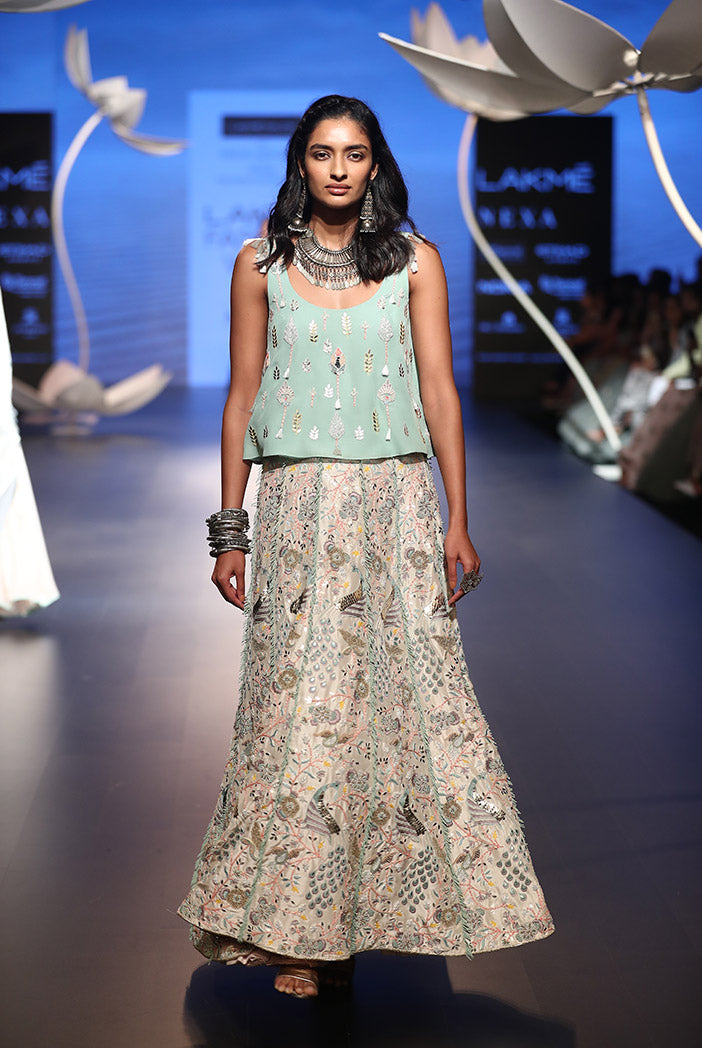 Nuran Aqua Georgette top with Stone Silk Lehenga