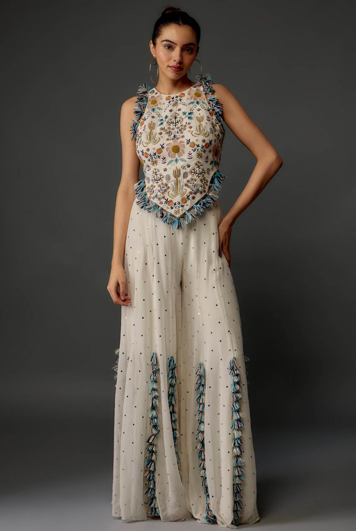 PS-CS0093  Off-White Embroidered Back Tie-Up Choli With Sharara