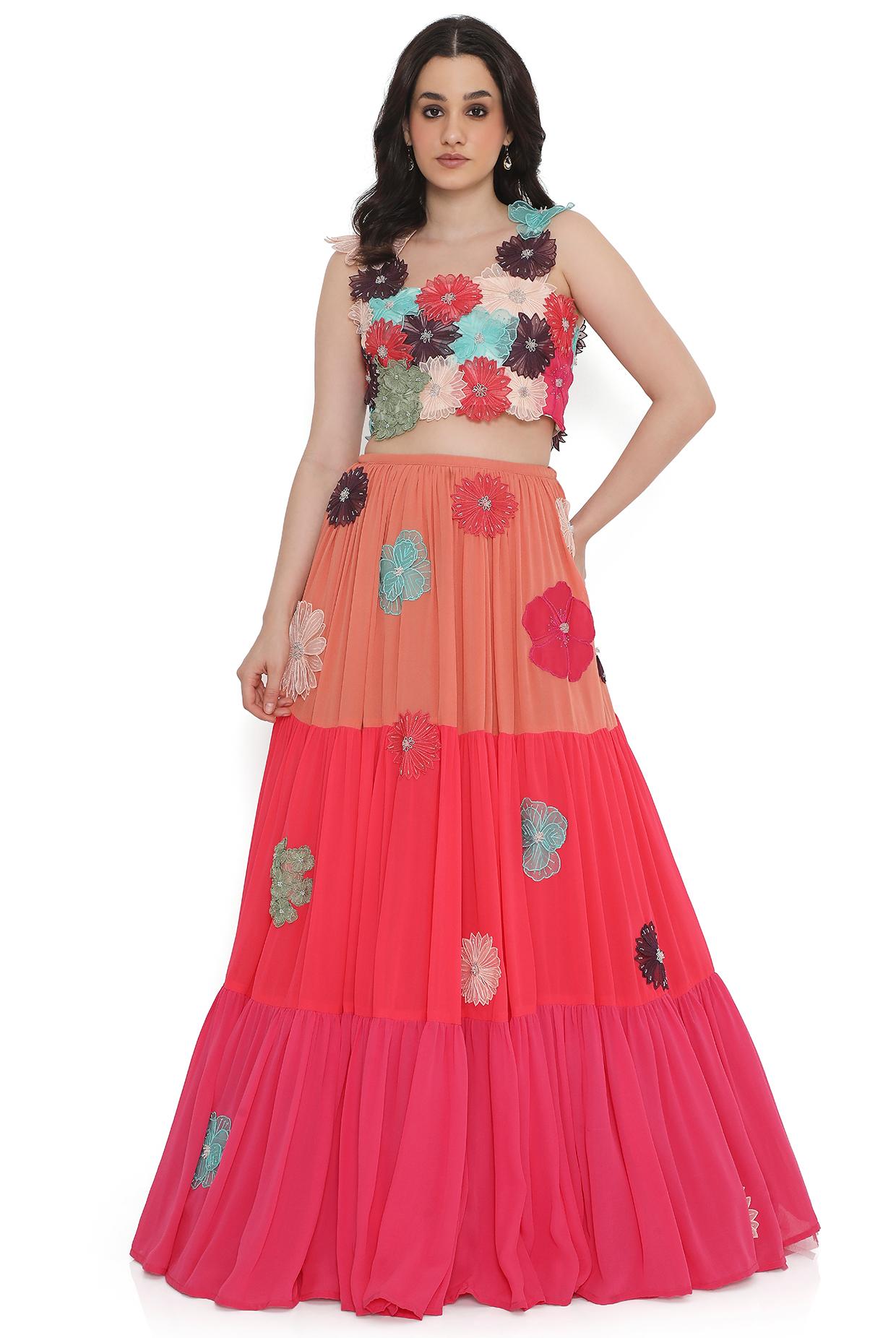 Off-White Embroidered Choli With Multi Colour Layered Lehenga.