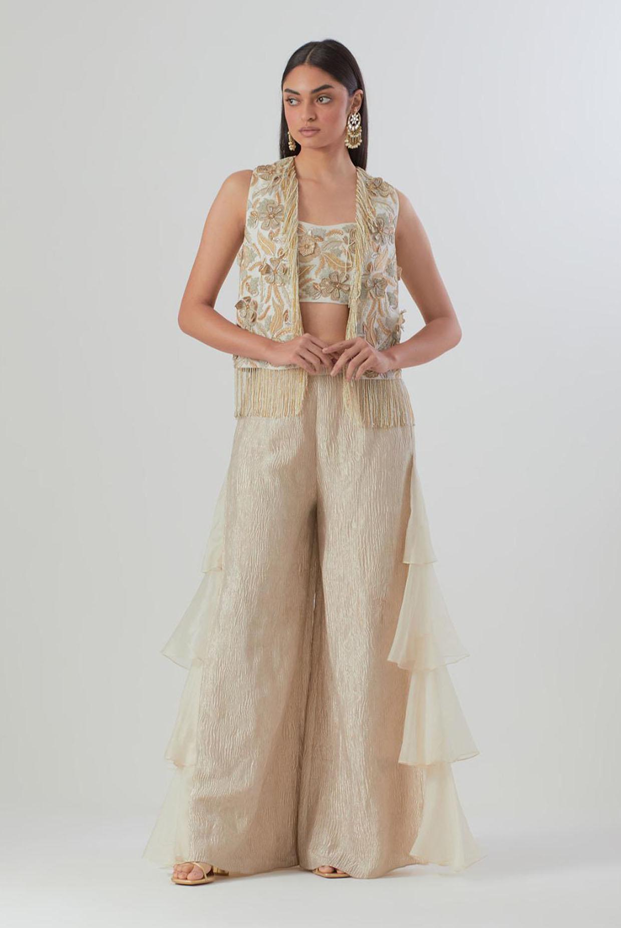 Off-White Embroidered Jacket With Bustier And Tissue Pant With Side Ruffles