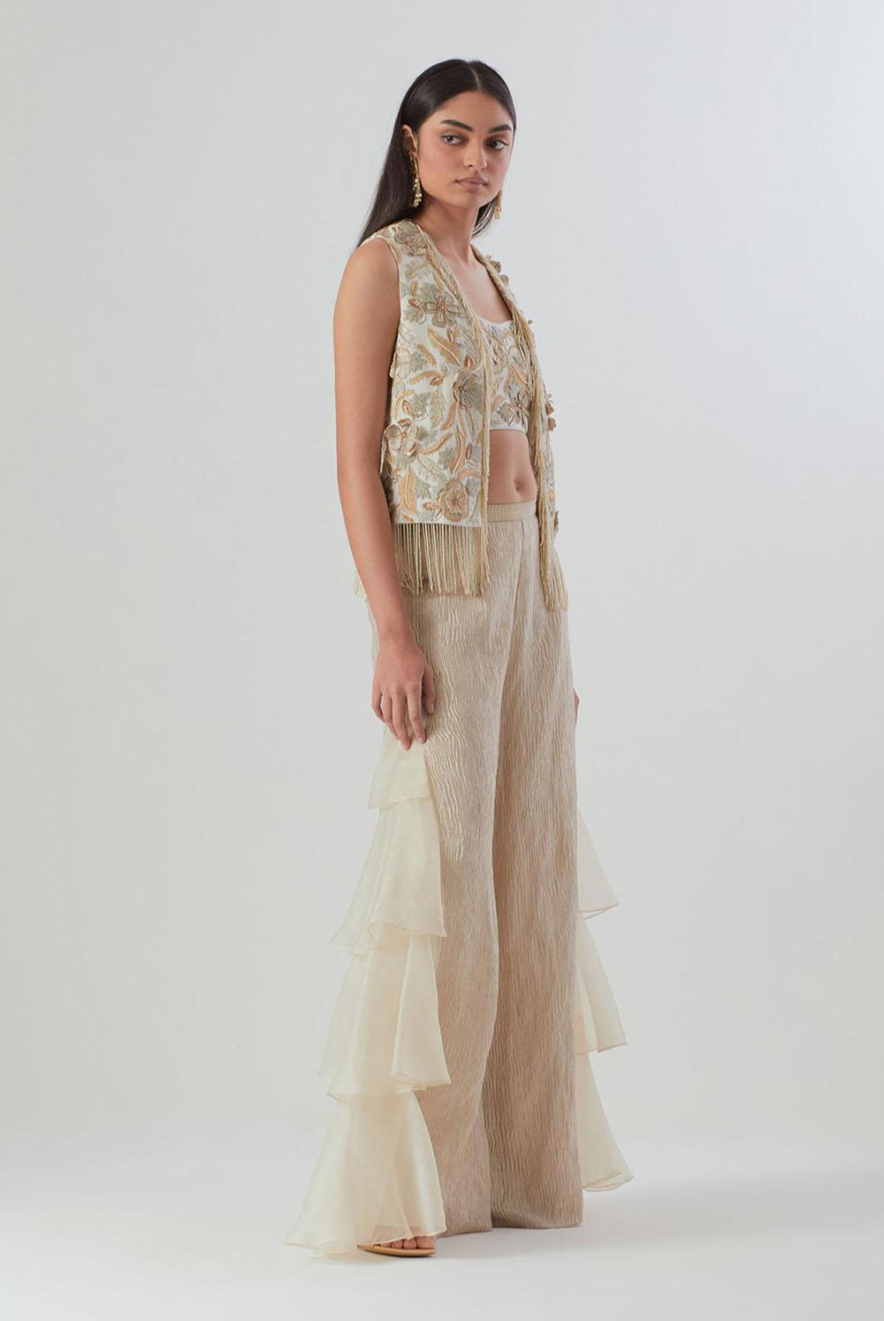 Off-White Embroidered Jacket With Bustier And Tissue Pant With Side Ruffles