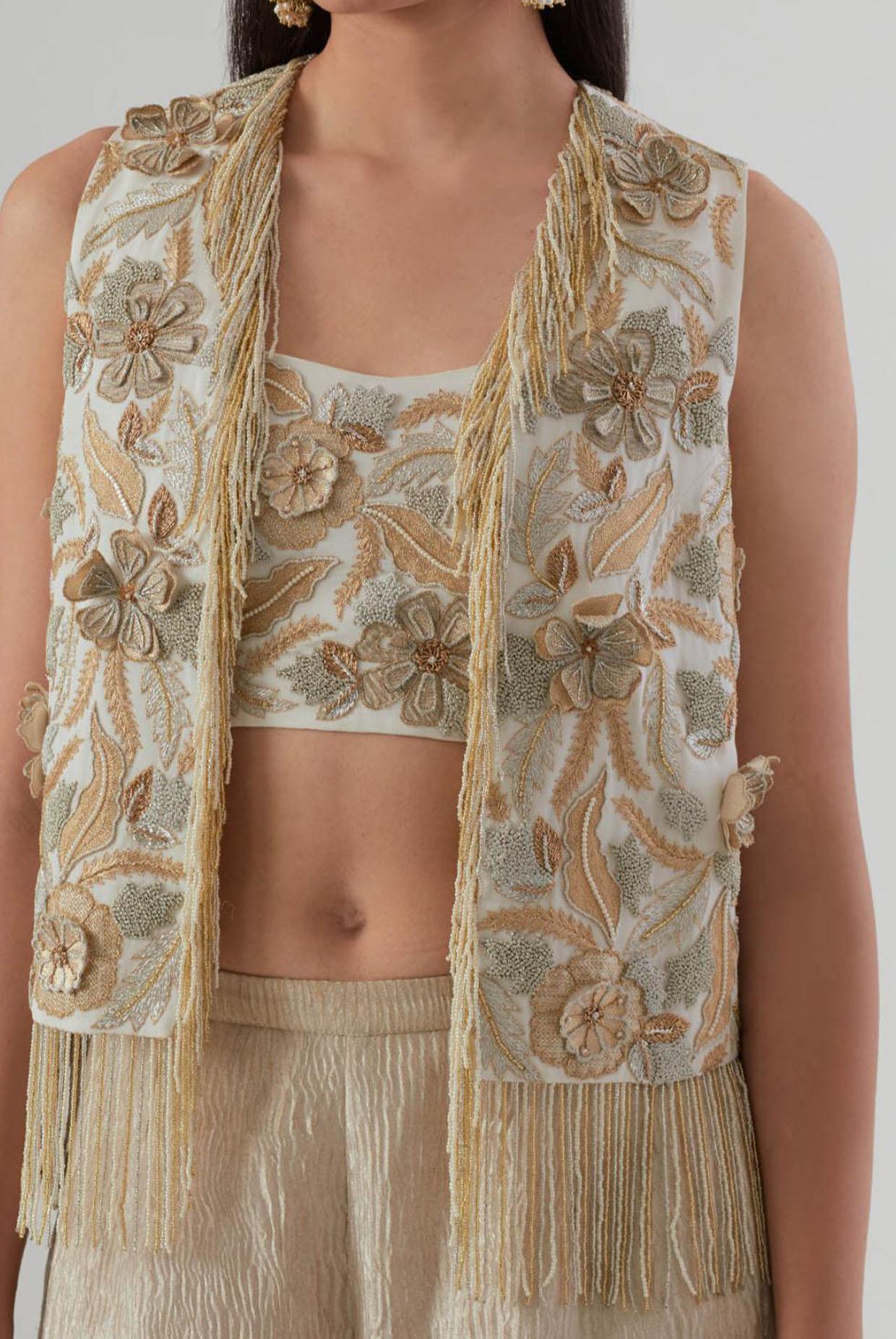 Off-White Embroidered Jacket With Bustier And Tissue Pant With Side Ruffles