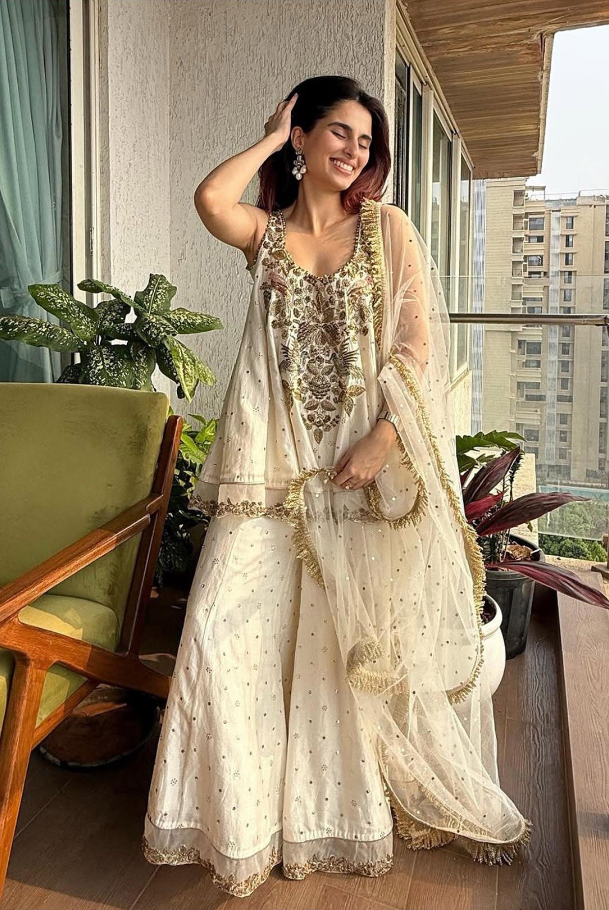 Off-White Mukaish Anarkali with Sharara and Dupatta