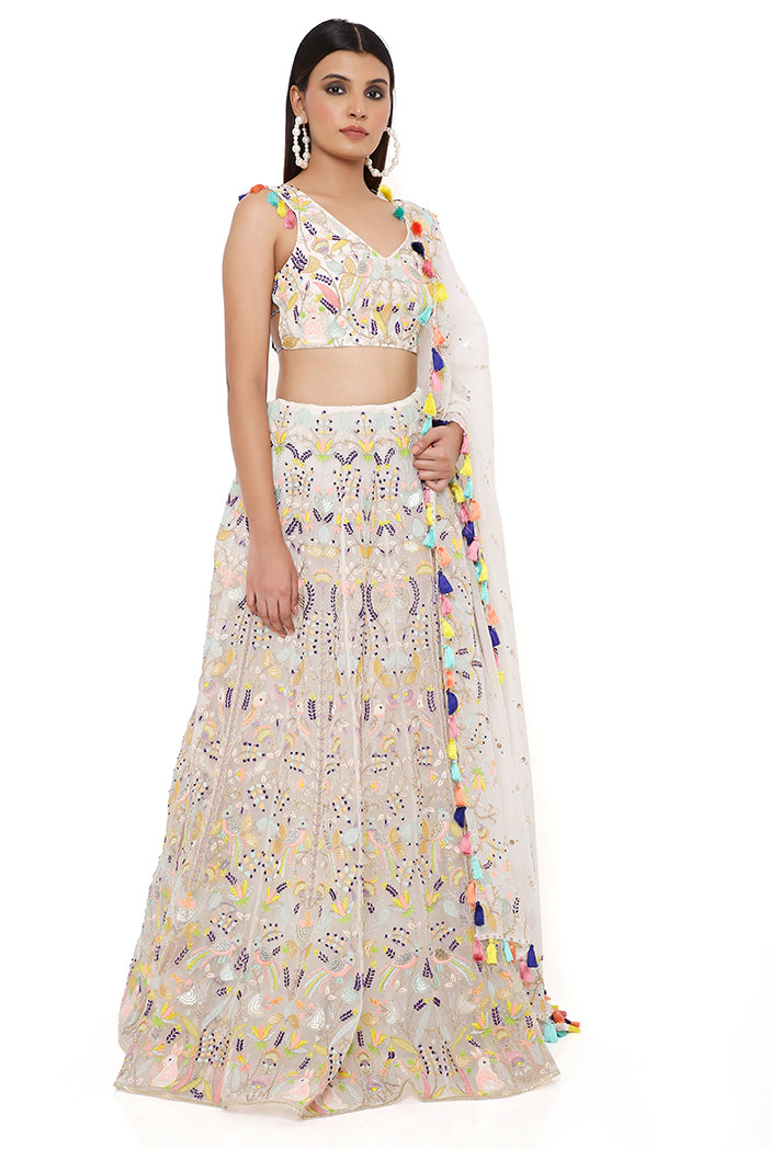 Off White Organza Embroidered Choli And Lehenga With Mukaish Organza Dupatta