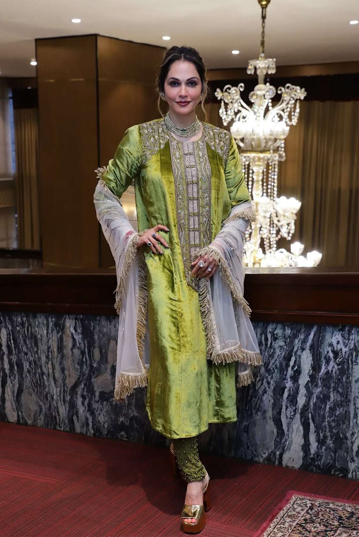 OLIVE VELEVET EMBROIDERED KURTA AND CHURIDAR WITH NET DUPATTA