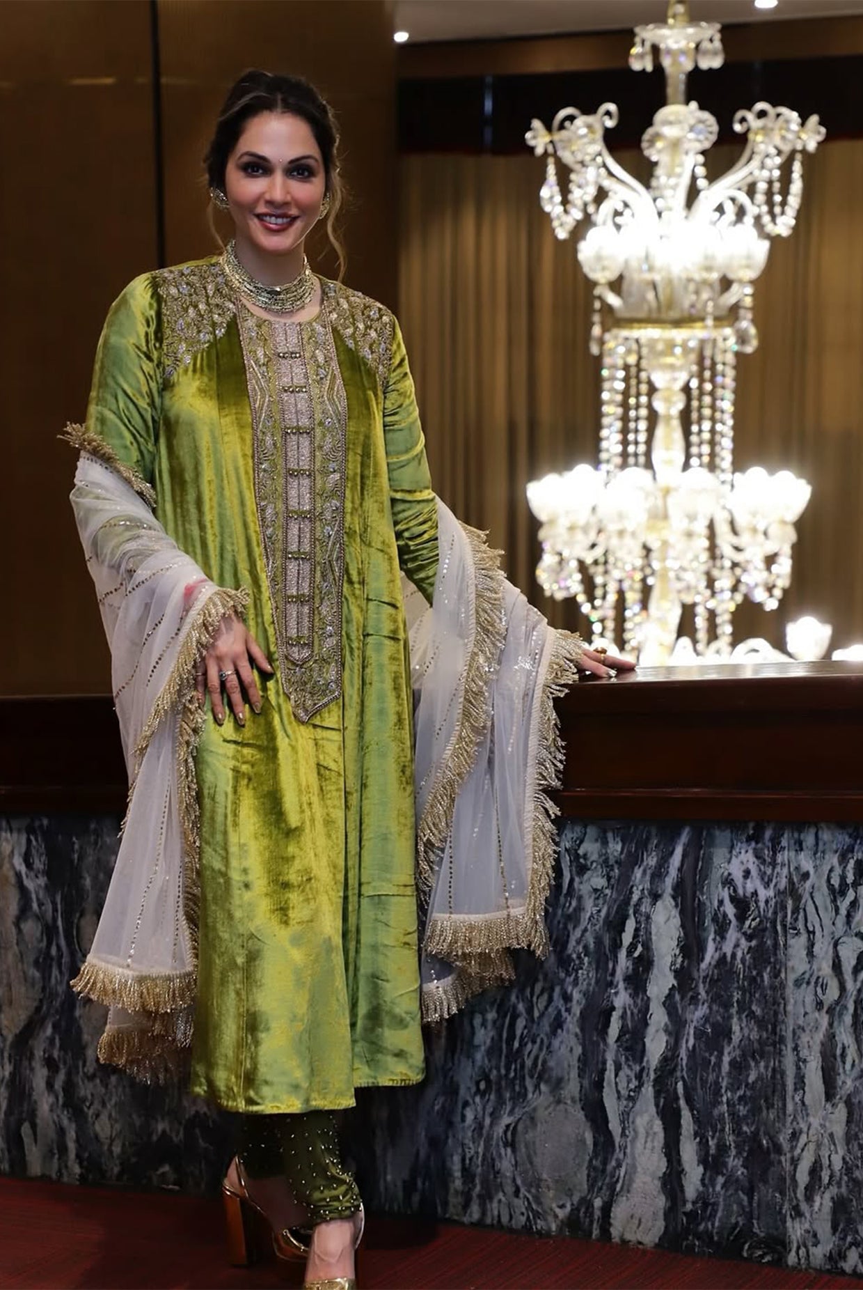 OLIVE VELEVET EMBROIDERED KURTA AND CHURIDAR WITH NET DUPATTA
