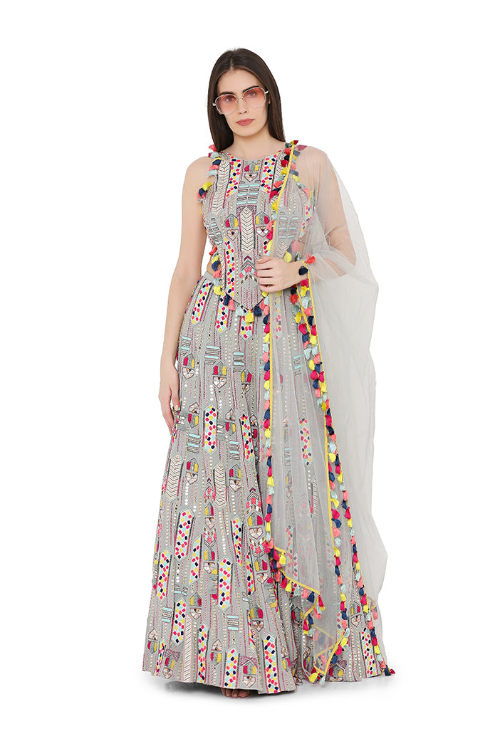 Pale Blue Colour Georgette Back Tie-Up Choli and Lehenga with Net Dupatta