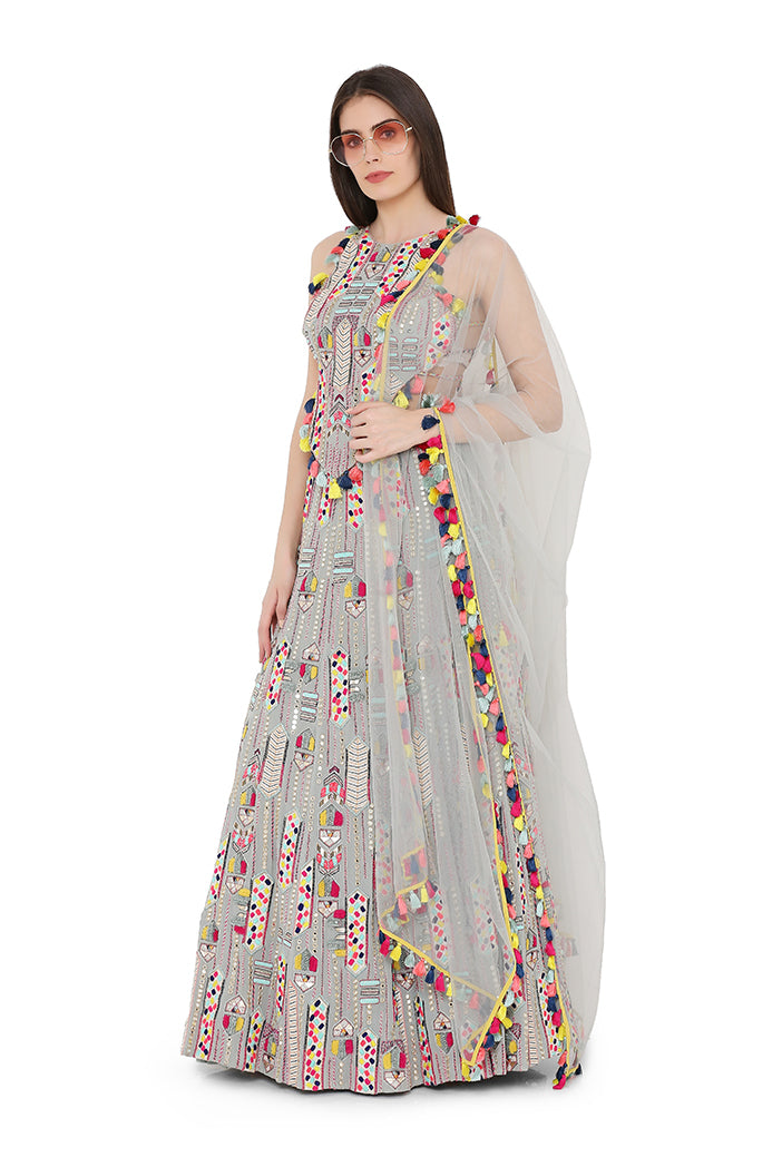 Pale Blue Colour Georgette Back Tie-Up Choli and Lehenga with Net Dupatta