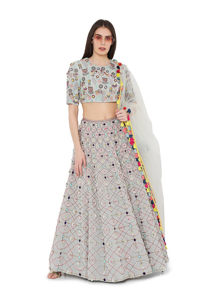 Pale Blue Colour Georgette Back Tie-Up Choli and Lehenga with Net Dupatta