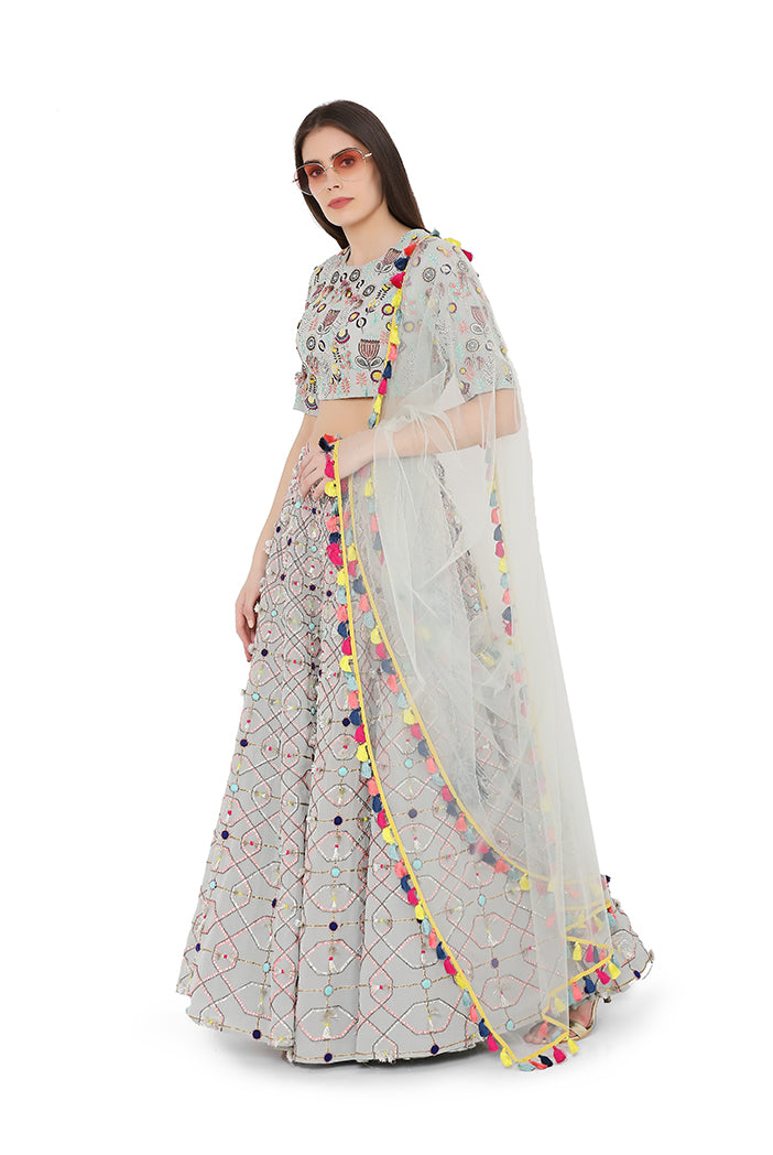 Pale Blue Colour Georgette Back Tie-Up Choli and Lehenga with Net Dupatta
