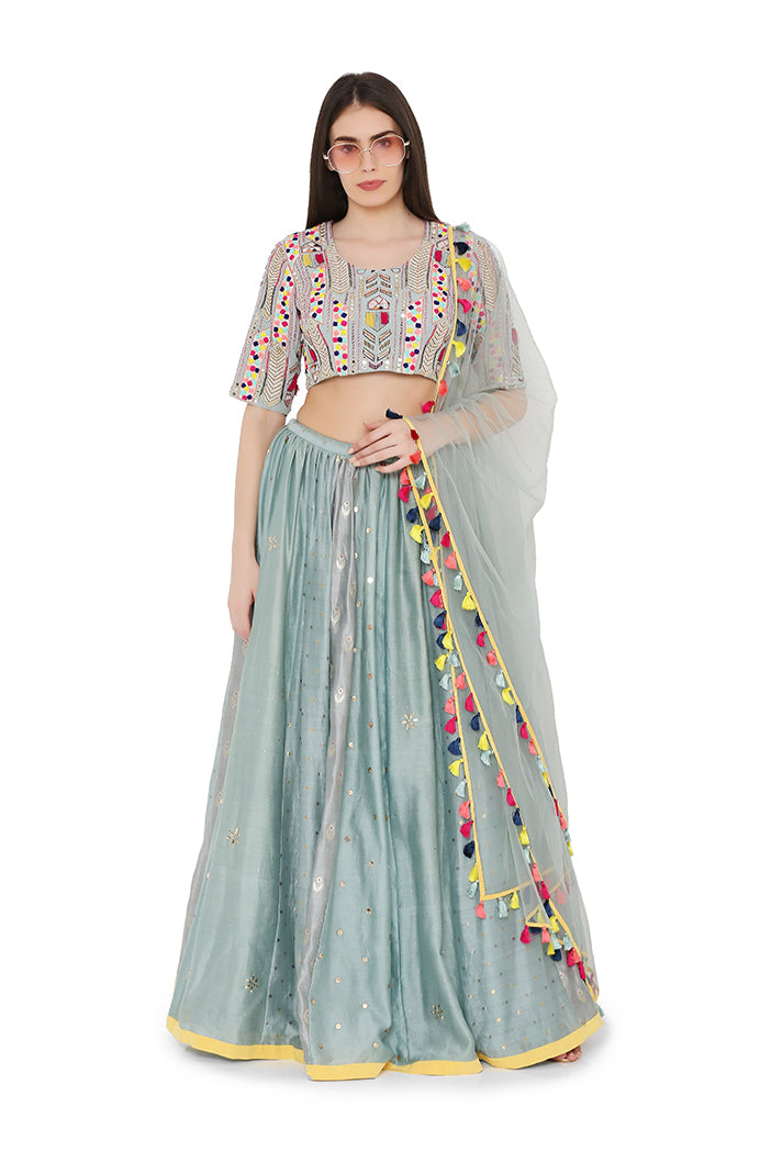 Pale Blue Colour Georgette Choli with Multi Brocade and Mukaish Silkmul Panelled Lehnega with Net Dupatta