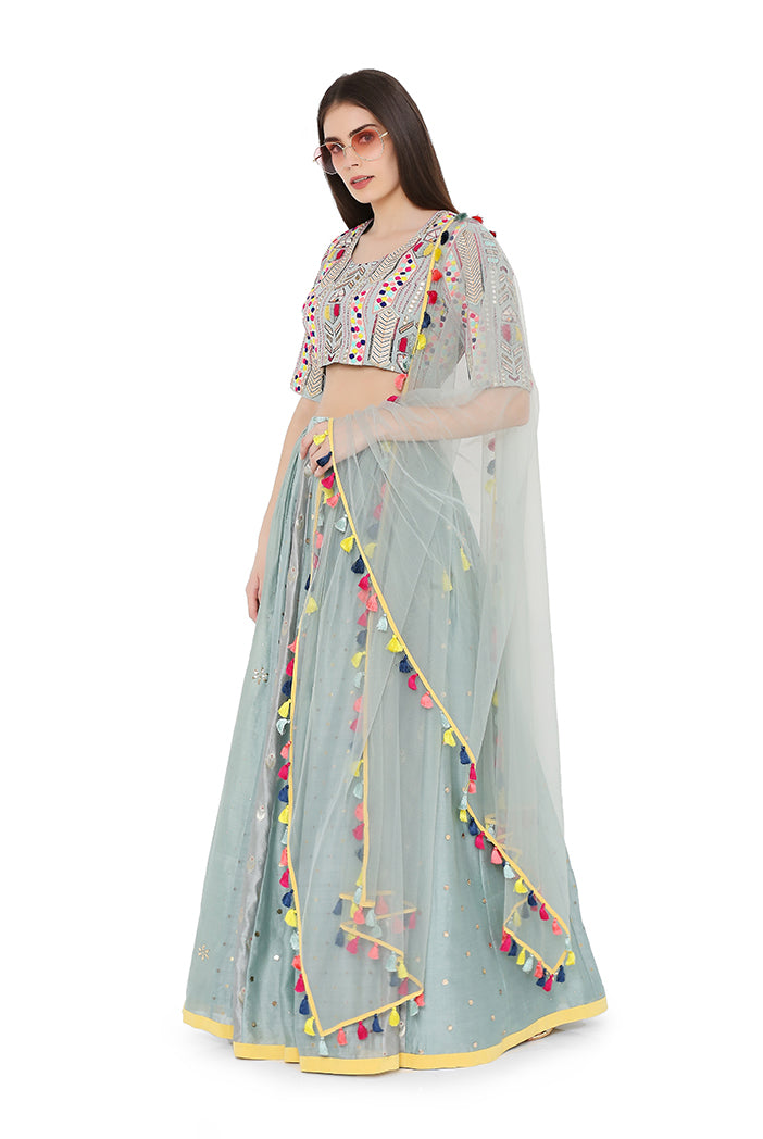 Pale Blue Colour Georgette Choli with Multi Brocade and Mukaish Silkmul Panelled Lehnega with Net Dupatta