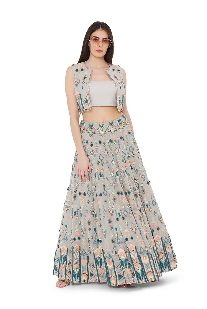 Pale Blue Colour Georgette Short Jacket with Lehenga and Bustier