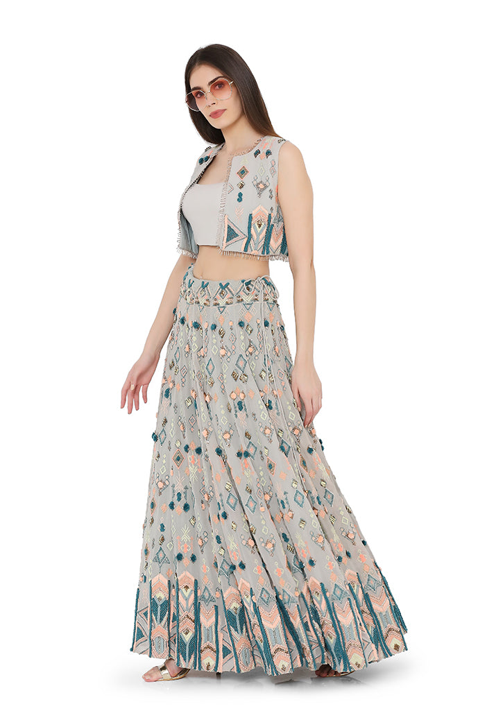 Pale Blue Colour Georgette Short Jacket with Lehenga and Bustier