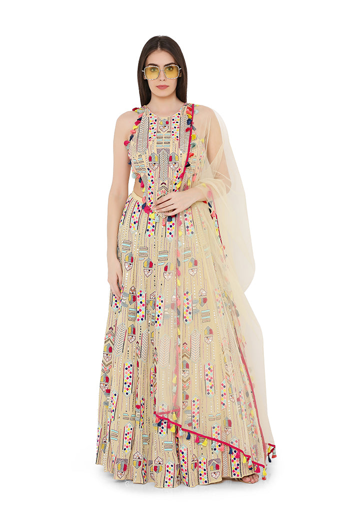Pale Yellow Colour Georgette Back Tie-Up Choli and Lehenga with Net Dupatta