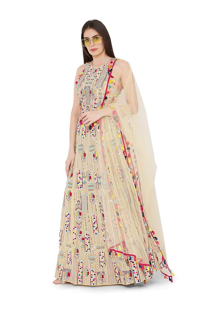Pale Yellow Colour Georgette Back Tie-Up Choli and Lehenga with Net Dupatta