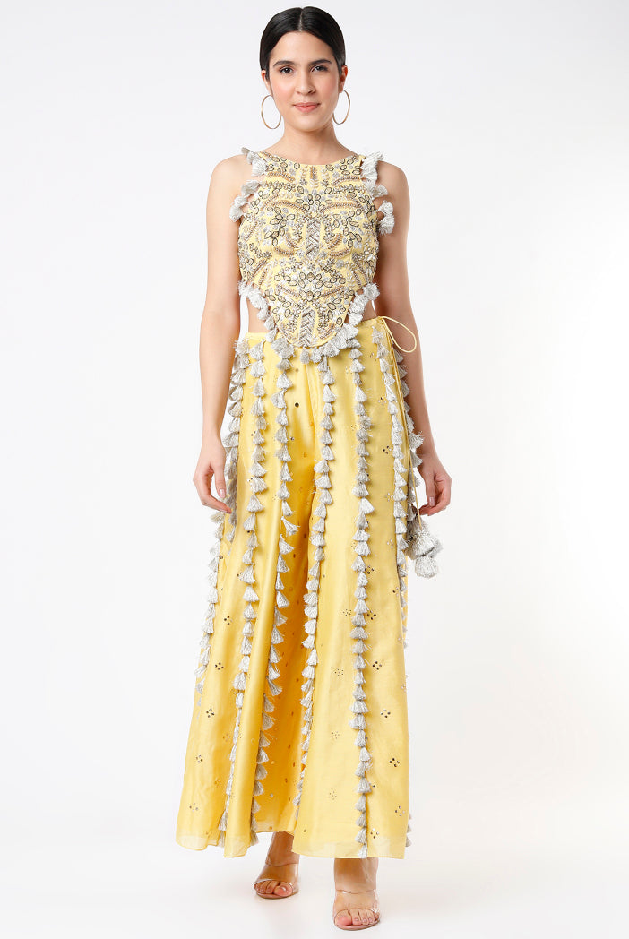 Pale Yellow Georgette Embroidered Choli With Mukaish Silkmul Sharara With Tassel Detailing