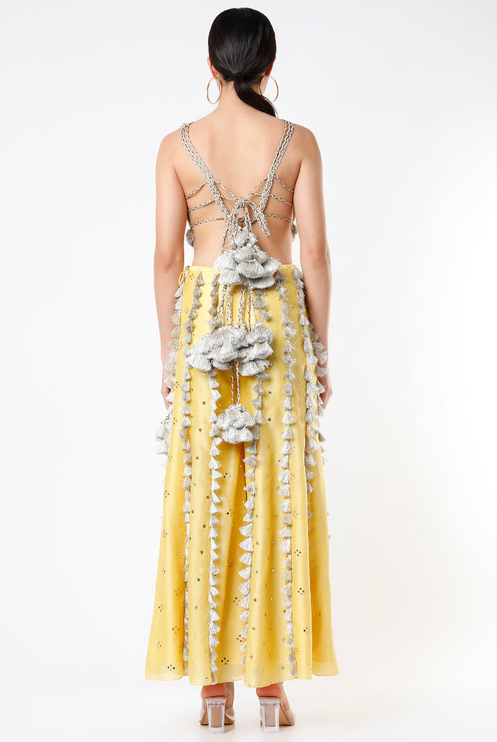 Pale Yellow Georgette Embroidered Choli With Mukaish Silkmul Sharara With Tassel Detailing