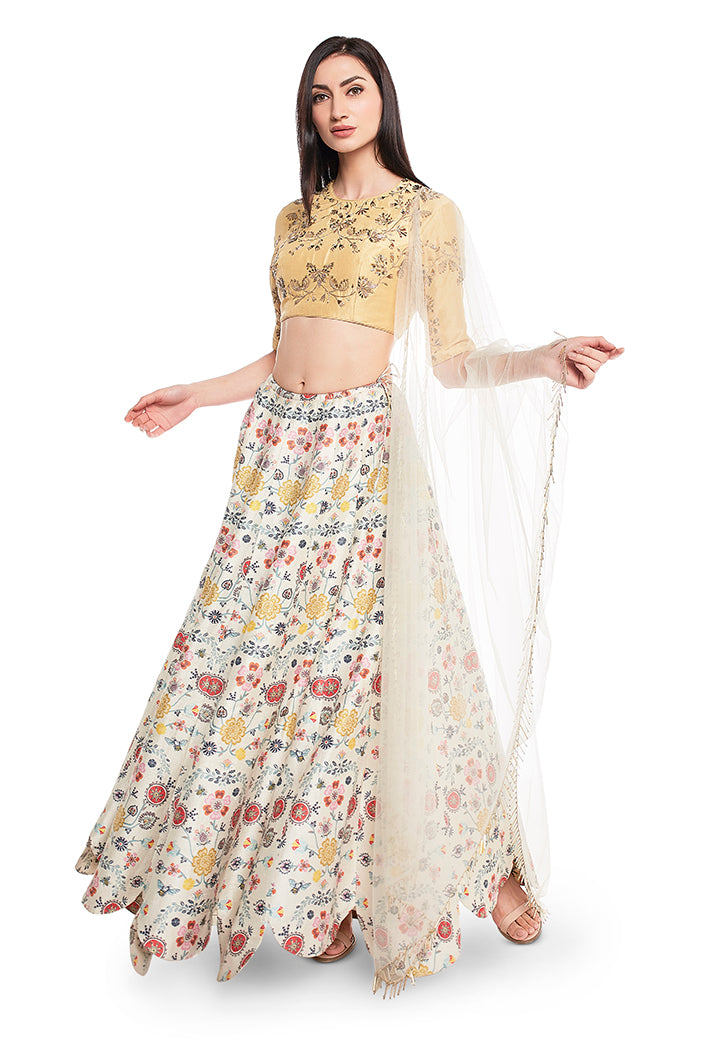 Pale Yellow Silk Choli with Cream  Printed Dupion Silk Scallop Lehenga and Cream Net Dupatta