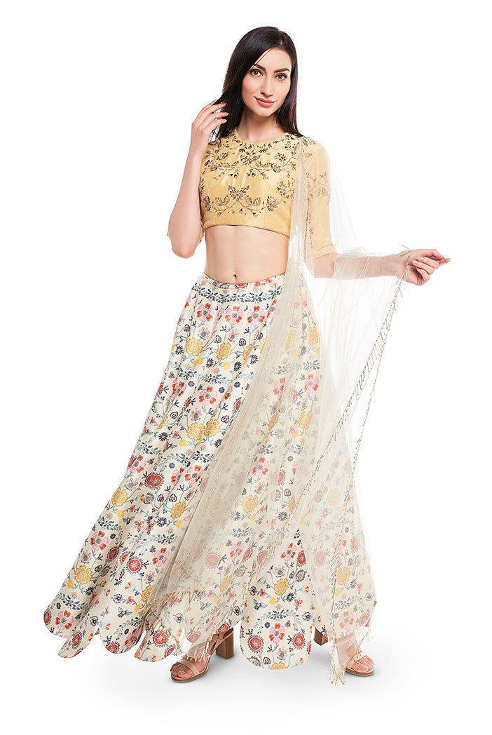 Pale Yellow Silk Choli with Cream  Printed Dupion Silk Scallop Lehenga and Cream Net Dupatta