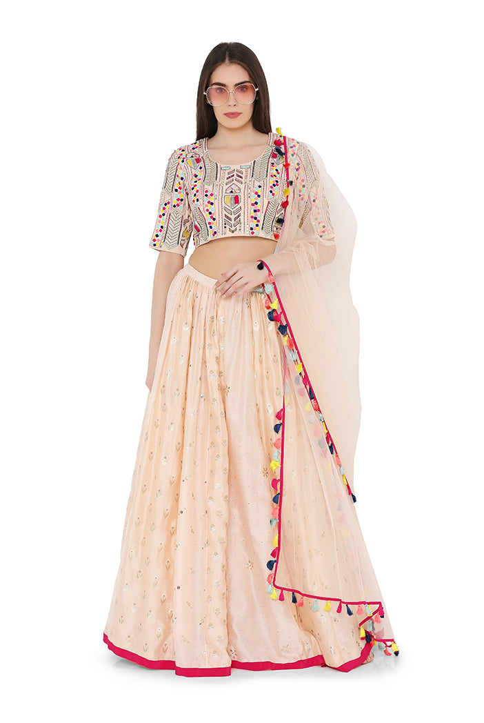 Peach Colour Georgette Choli with Multi Brocade and Mukaish Silkmul Panelled Lehnega with Net Dupatta