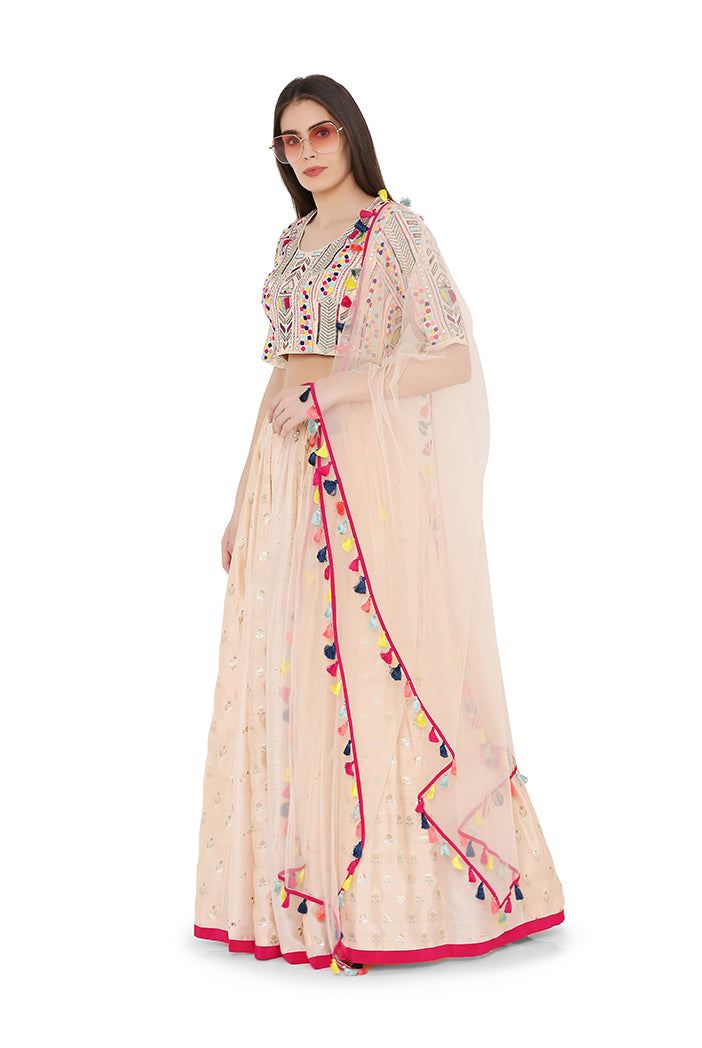 Peach Colour Georgette Choli with Multi Brocade and Mukaish Silkmul Panelled Lehnega with Net Dupatta