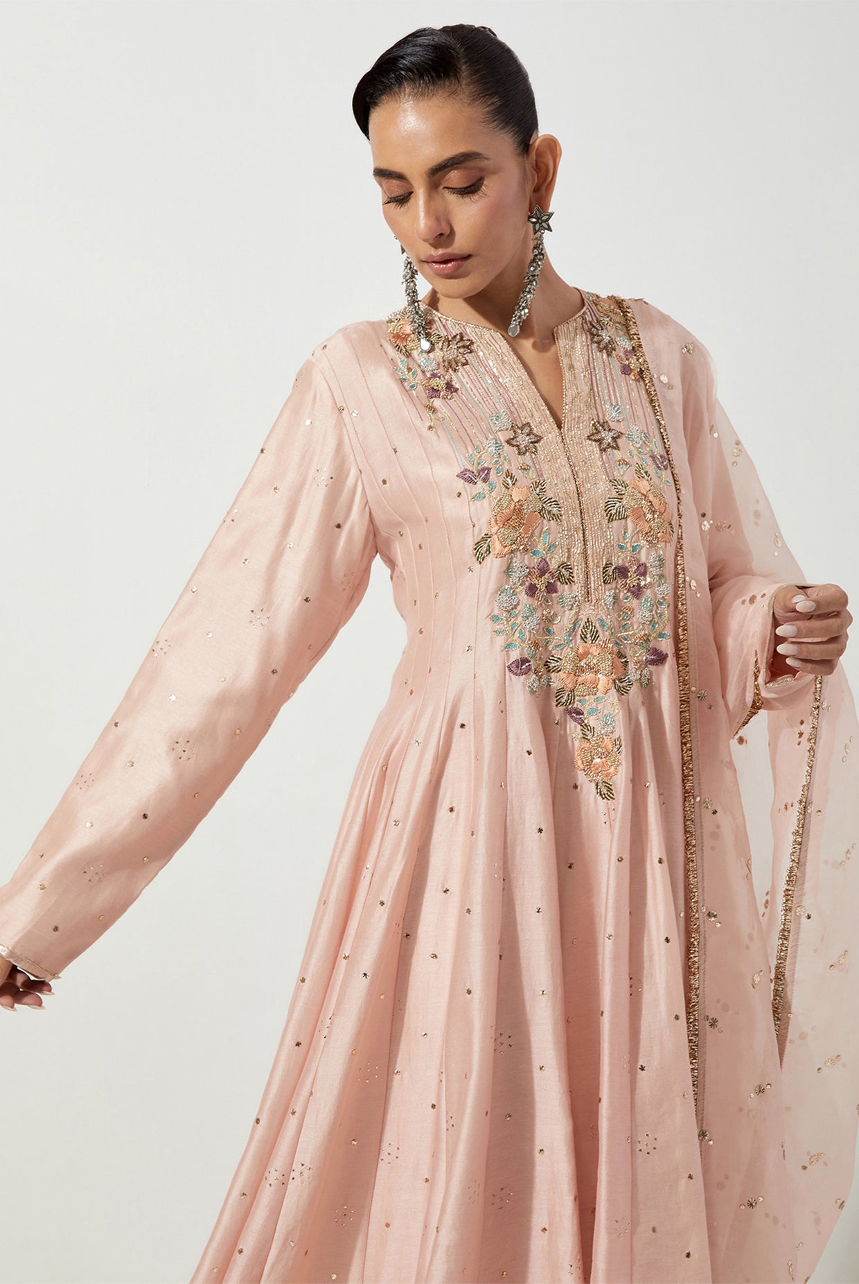 PEACHY PINK HIGH LOW ANARKALI WITH CHURIDAR & ORGANZA DUPATTA