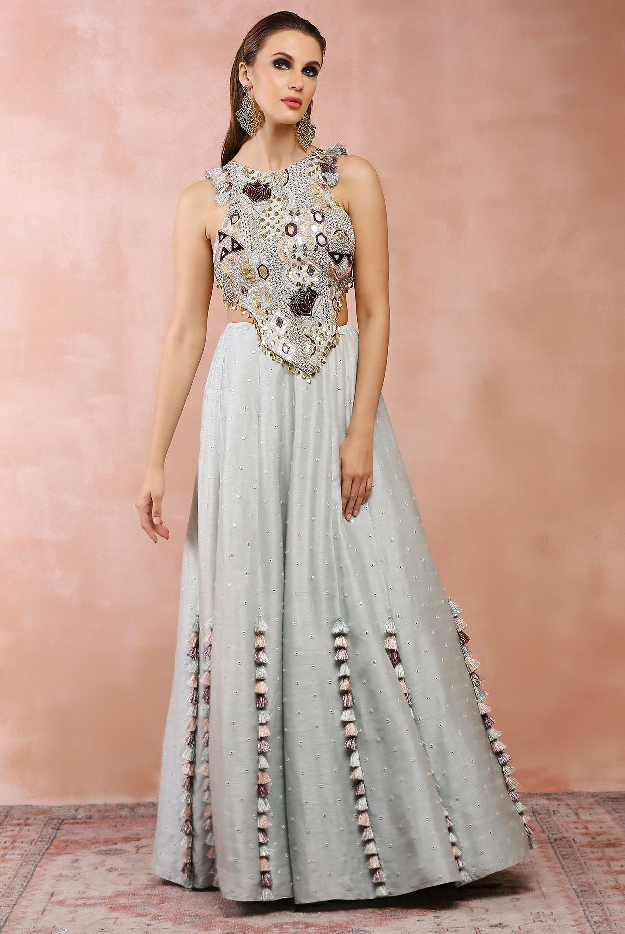 Powder Blue Applique Embroidered Choli With Lehenga