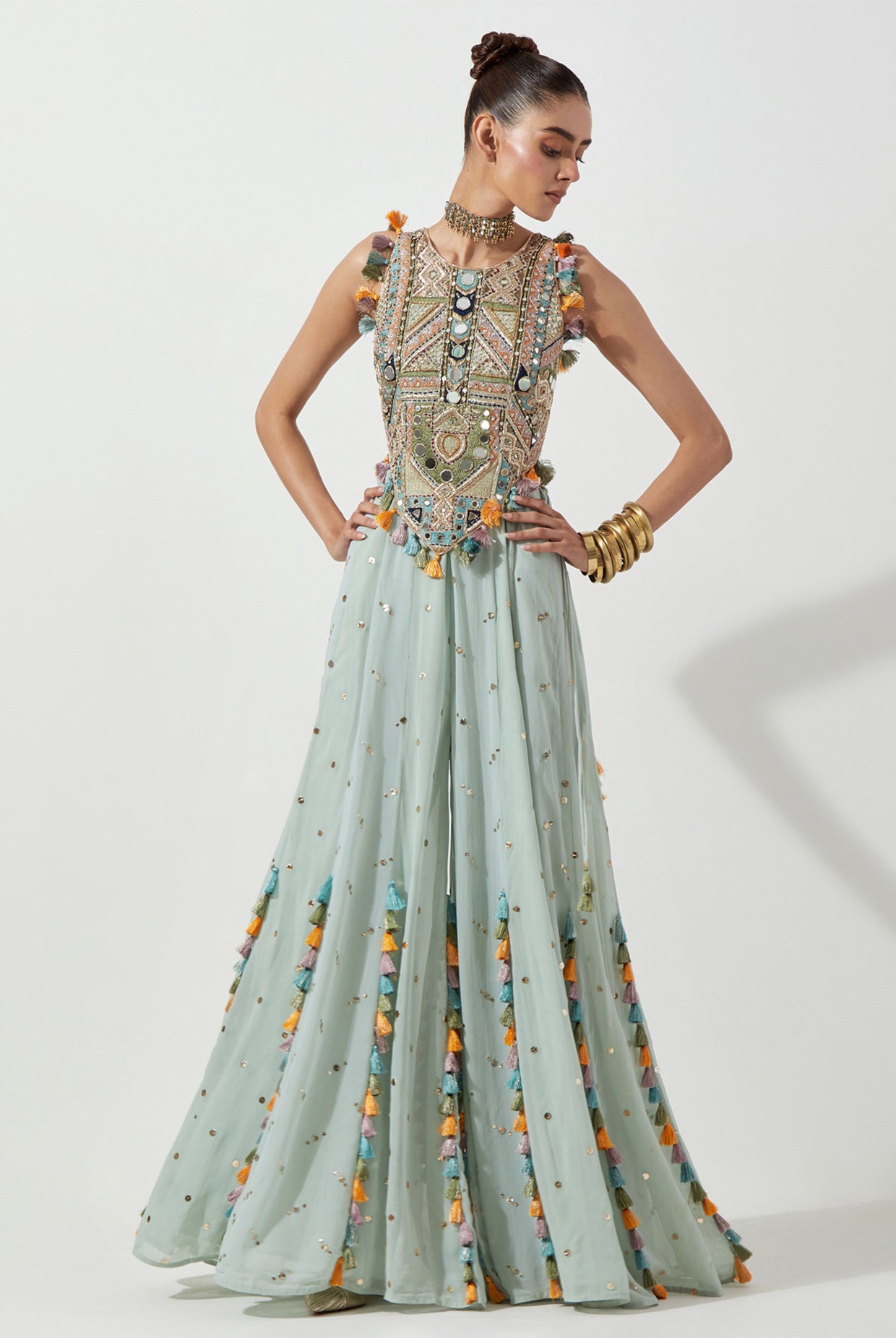 POWDER BLUE CHOLI WITH GEORGETTE SHARARA