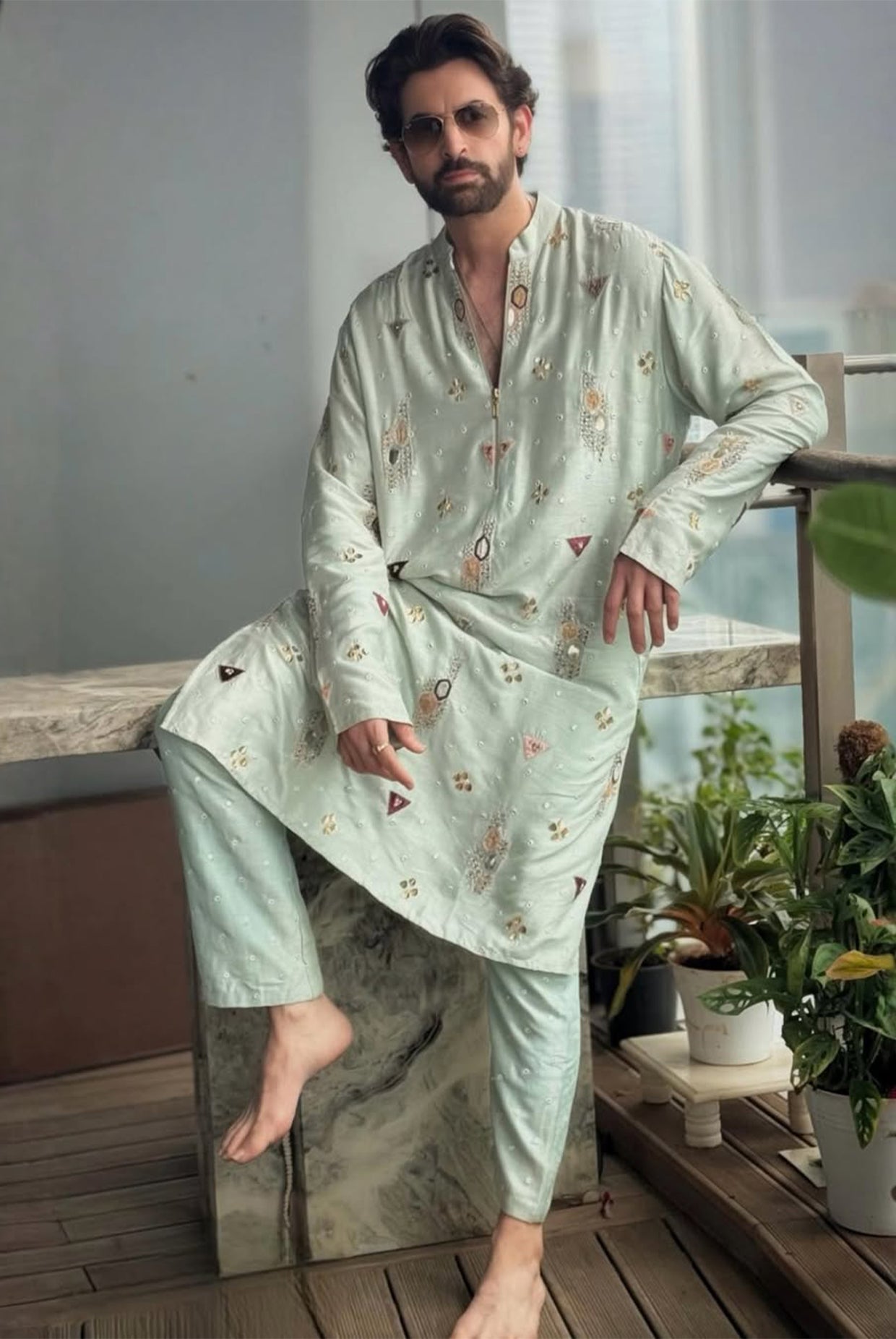 POWDER BLUE EMBROIDERED BOMBER KURTA WITH STRAIGHT PANTS
