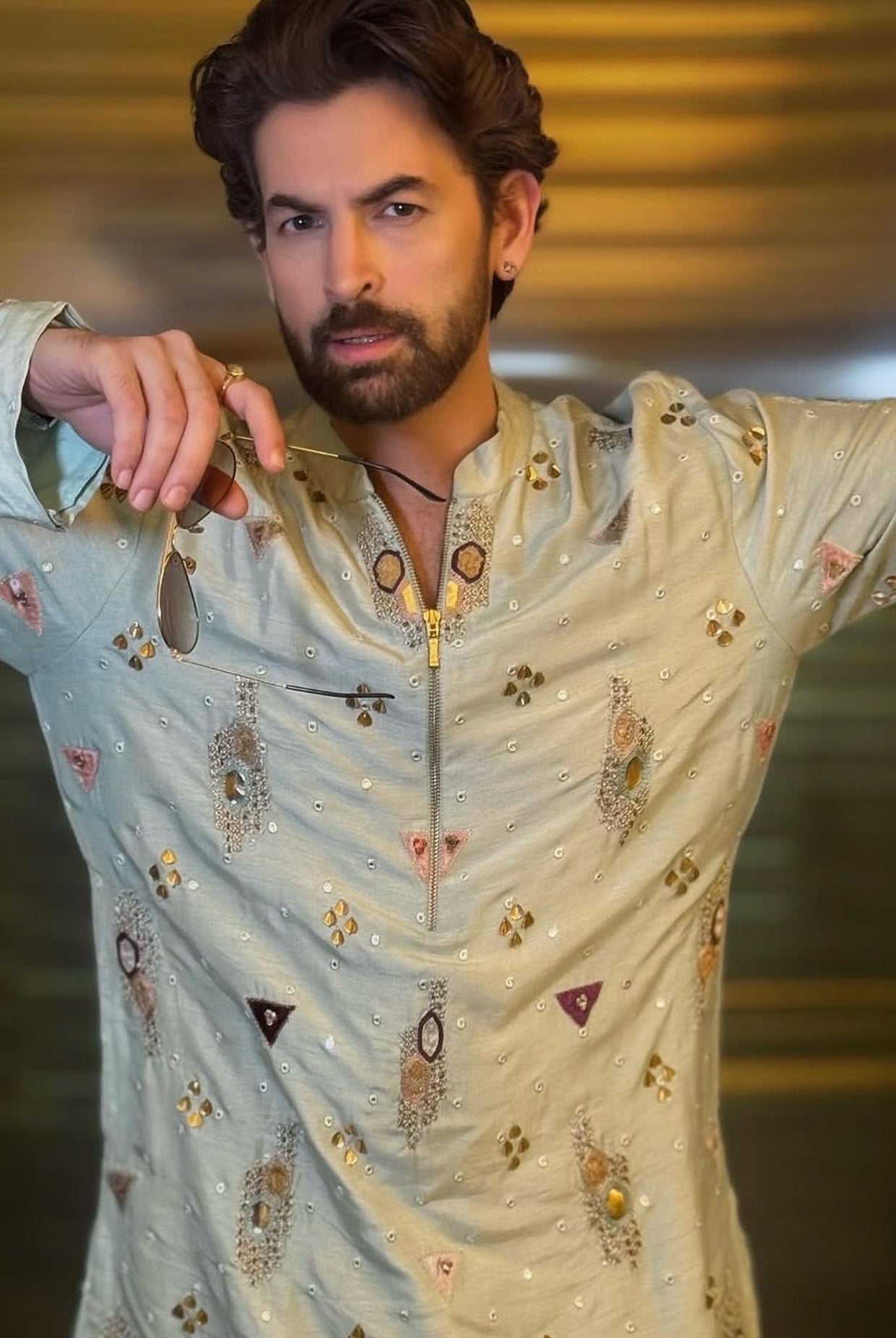 POWDER BLUE EMBROIDERED BOMBER KURTA WITH STRAIGHT PANTS