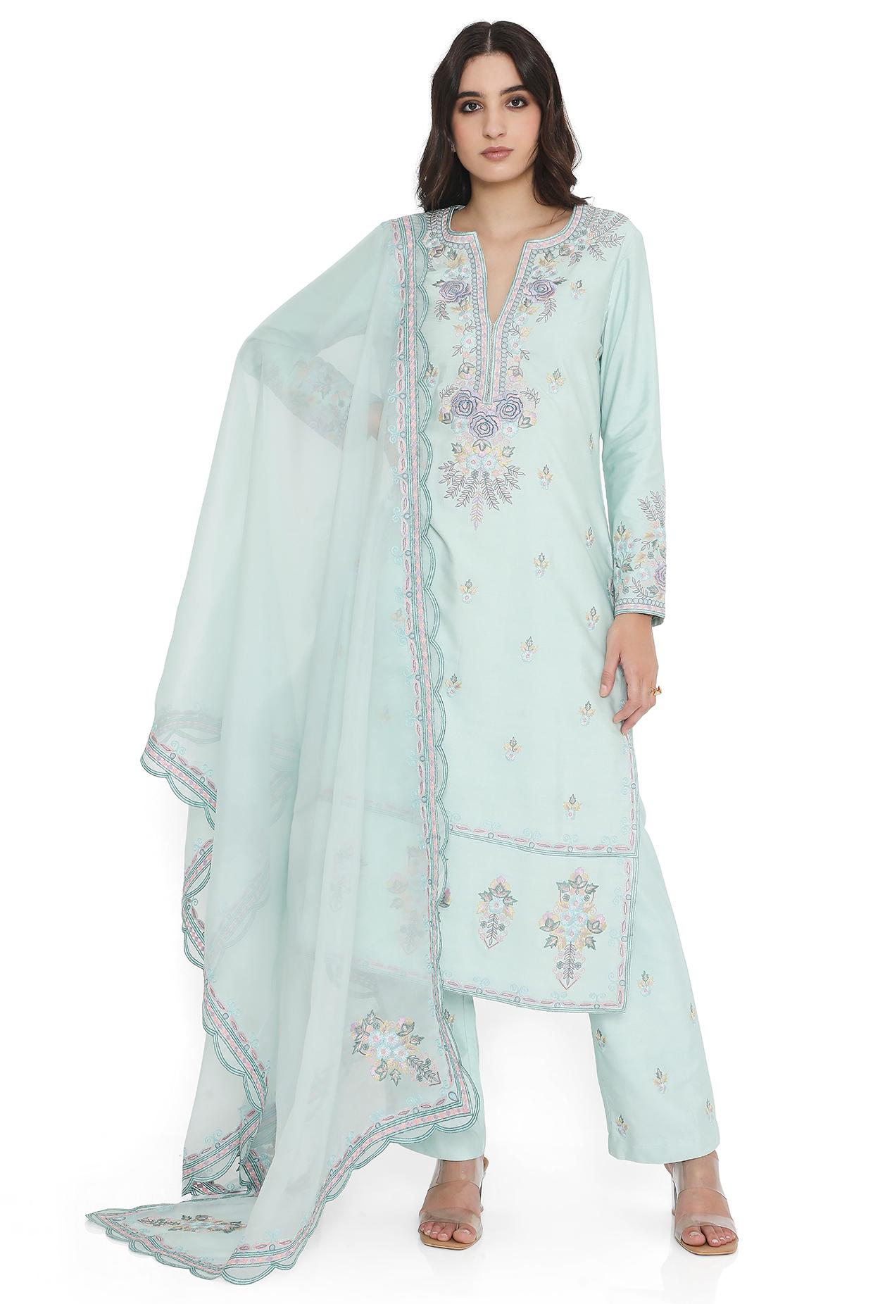 Powder Blue Embroidered Kurta With Pant And Embroidered Dupatta