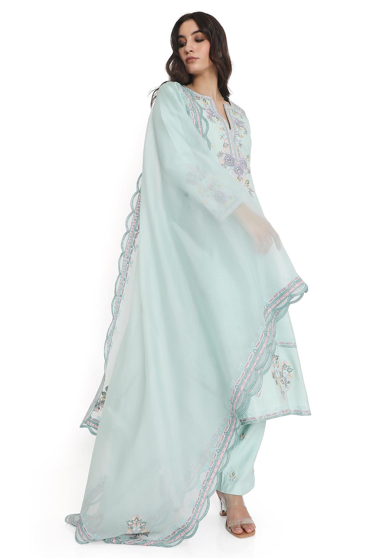 Powder Blue Embroidered Kurta With Pant And Embroidered Dupatta