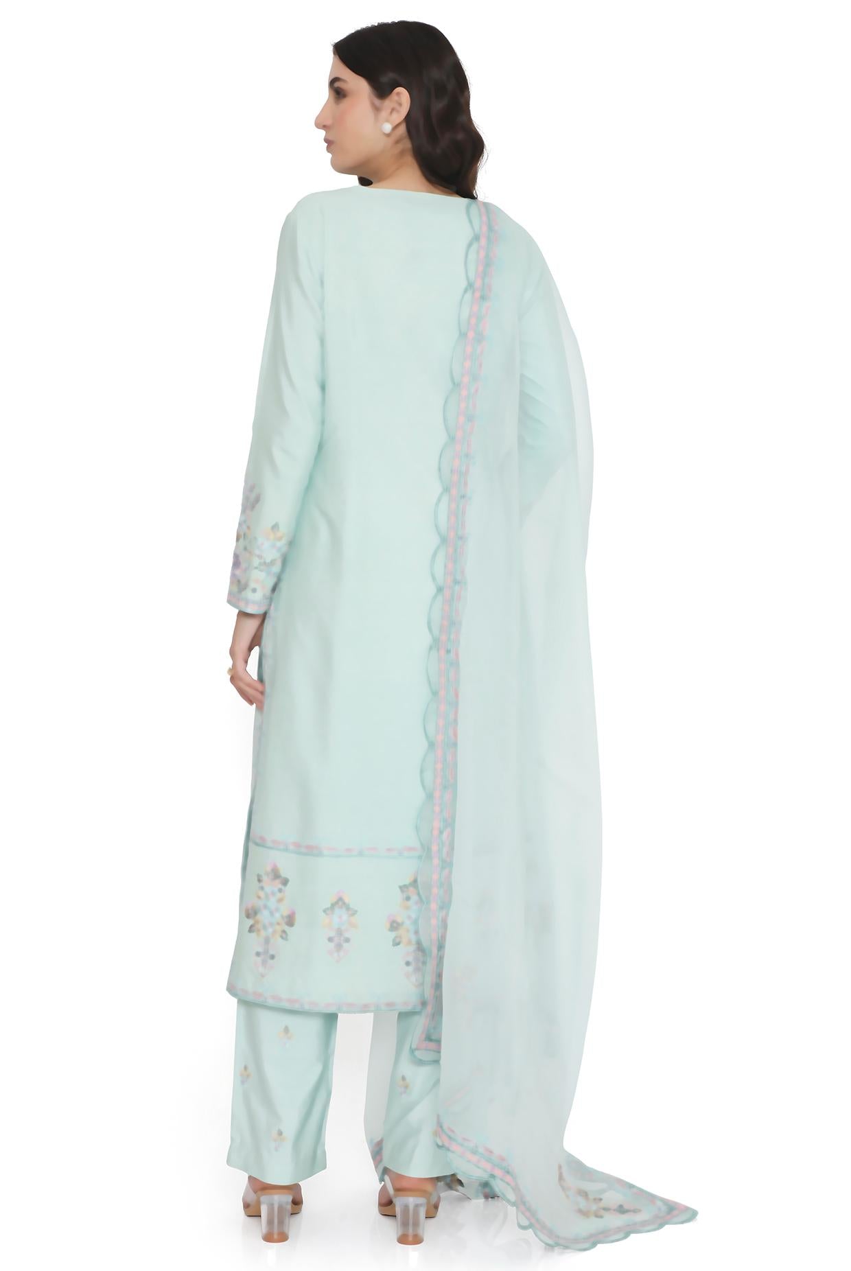 Powder Blue Embroidered Kurta With Pant And Embroidered Dupatta